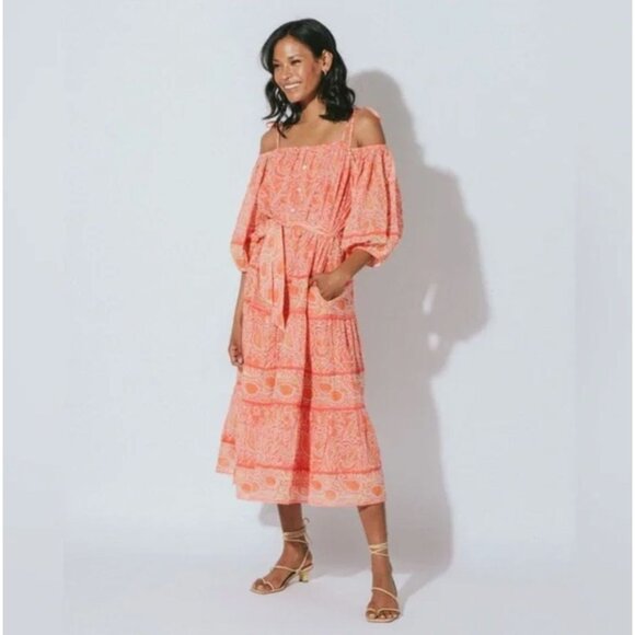 Cleobella Violet Midi Dress Blossom Floral Block Print Orange Peach Pink Medium - Picture 1 of 11